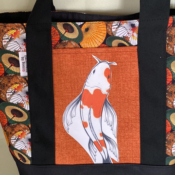 New hand crafted  Lined Asian koi large tote bag with 2 outer pockets
